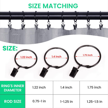 Skiennix 36-Pack Metal Curtain Rings - Openable Clips, Heavy Duty, Rustproof | 1.22" Diameter, Black