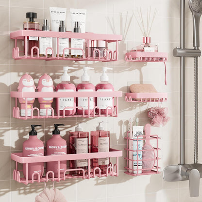 Veken Shower Caddy - Large Capacity 6-Pack, Rustproof & No Drilling | Adhesive Bathroom Organizers - Pink