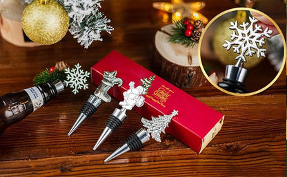 4 Pack Christmas Bottle Stoppers - Santa, Snowflake, Stocking & Tree (Silver) - Gift Box Holiday Set