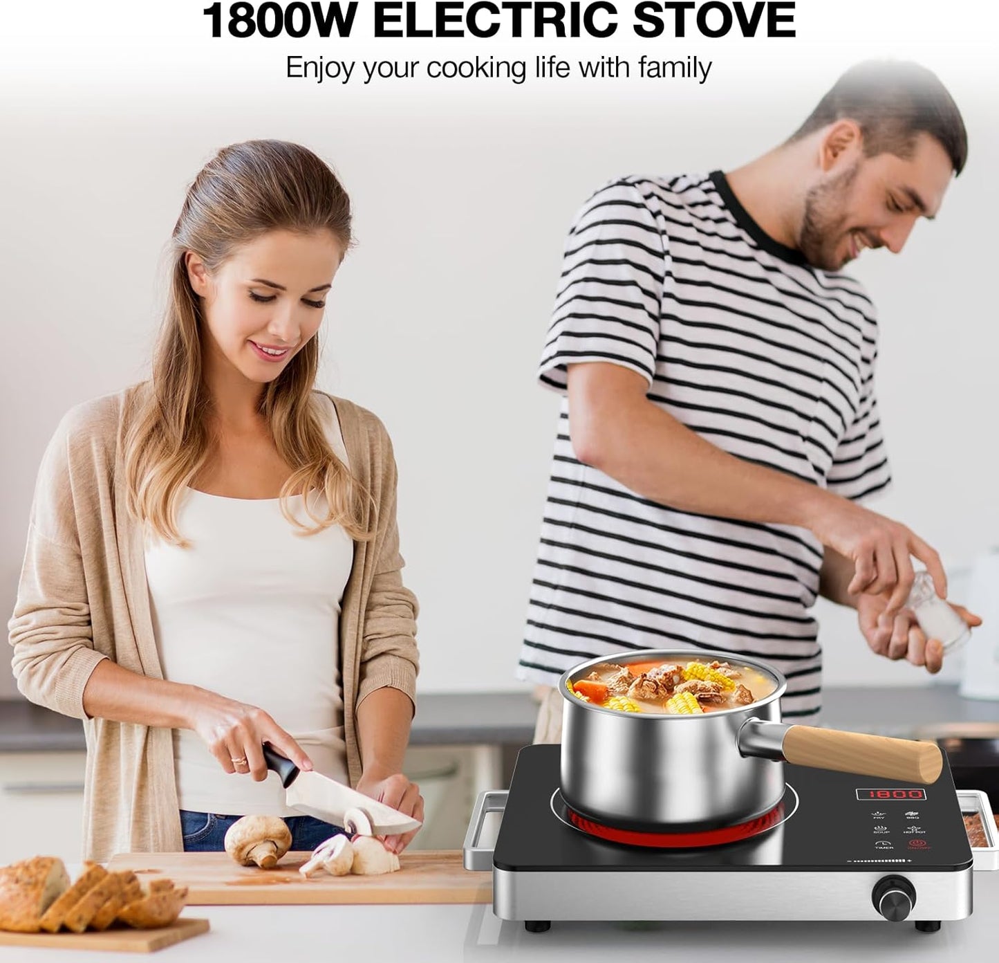 Nafewin Portable Electric Cooktop - 1800W Infrared Single Burner with Knob Control & 4-Hour Timer