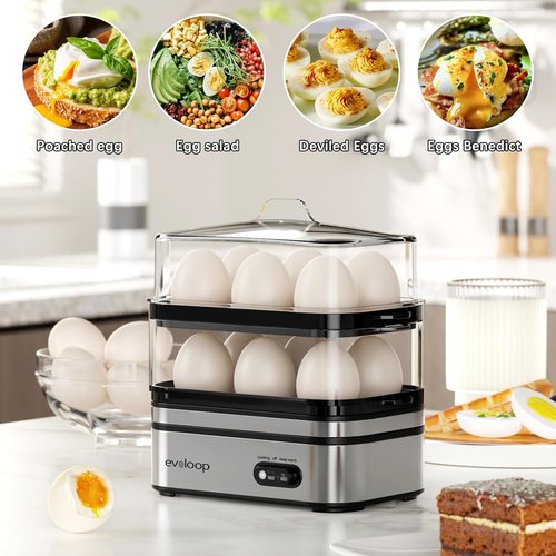 Evoloop Electric Egg Cooker - Rapid 12 Egg Capacity for Soft, Medium, Hard Boiled & Poached Eggs | BPA Free