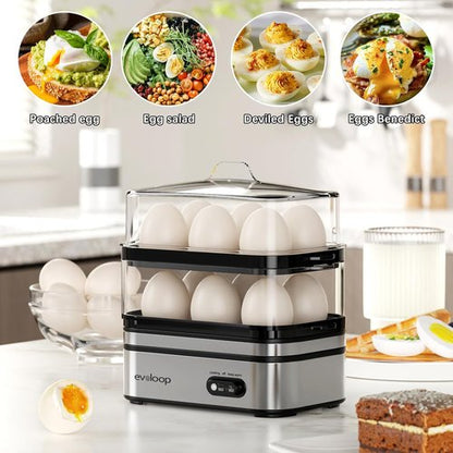 Evoloop Electric Egg Cooker - Rapid 12 Egg Capacity for Soft, Medium, Hard Boiled & Poached Eggs | BPA Free