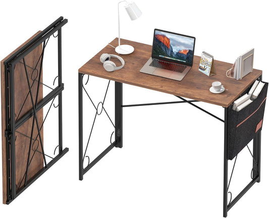 VECELO 39-Inch Folding Desk - Compact Writing Computer Desk for Home Office | Classic Brown Finish
