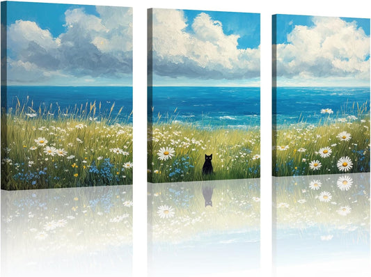 Skiennix Black Cat Canvas Wall Art Set - 3 Piece Abstract Beach Floral Prints | 12"x16" Wrapped Frame