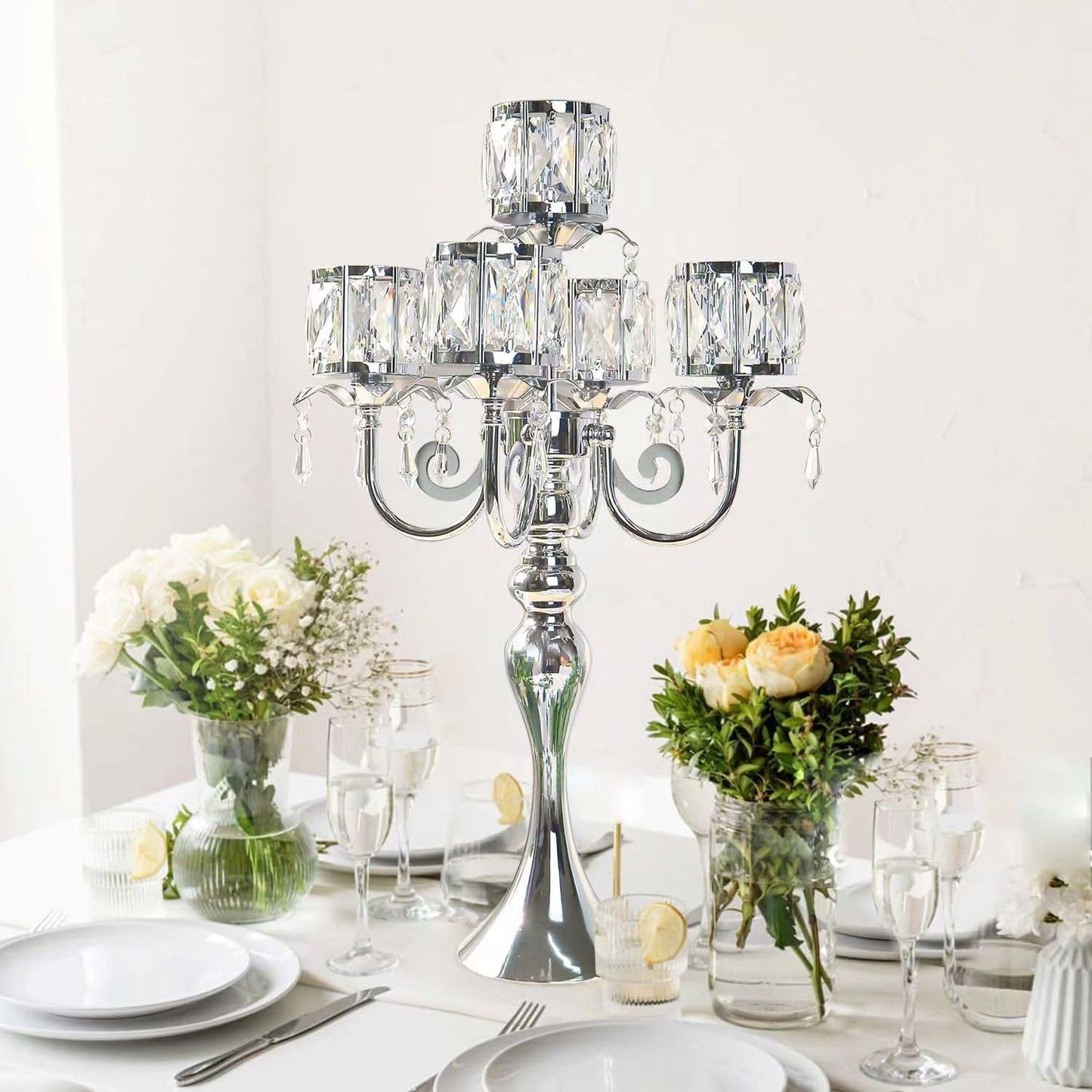 Regine Switzerland Silver 5-Arm Crystal Candle Holder - 22-Inch Elegant Table Centerpiece for Weddings & Home Decor