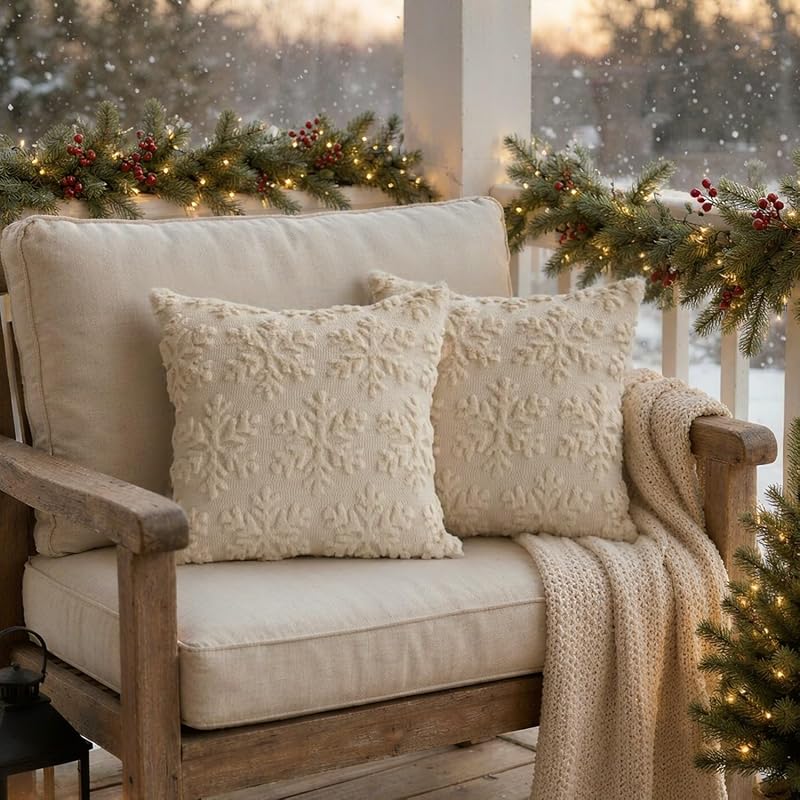 Beige Snowflake Christmas Pillow Covers 18x18 (2 Pack) - Visiontex