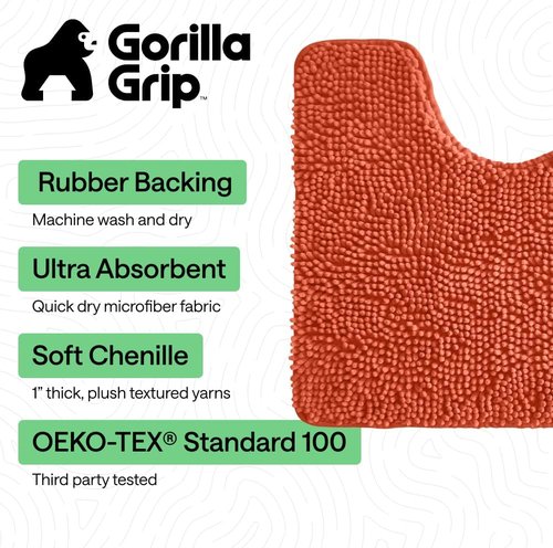 GORILLA GRIP Plush Chenille Bath Rug Mat - Absorbent Shaggy Design for Oval Toilet Base - Coral