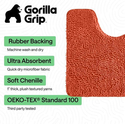 GORILLA GRIP Plush Chenille Bath Rug Mat - Absorbent Shaggy Design for Oval Toilet Base - Coral