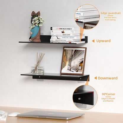 Wisfame Floating Shelves - Modern Wall-Mounted Metal Shelf Set of 2 for Living Room, Bedroom & Bathroom | Black 15.7in