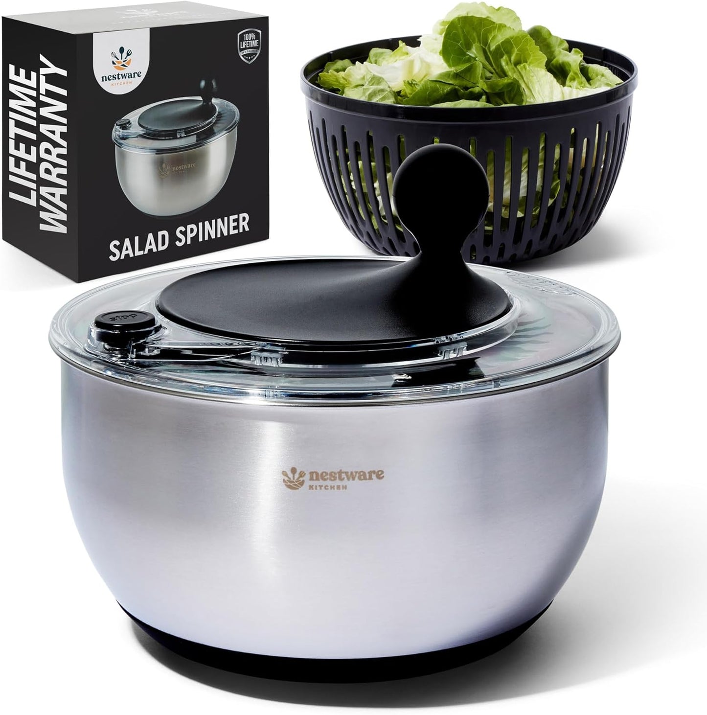 Stainless Steel Salad Spinner - 5L Capacity Lettuce & Vegetable Dryer with Non-Slip Base | Black