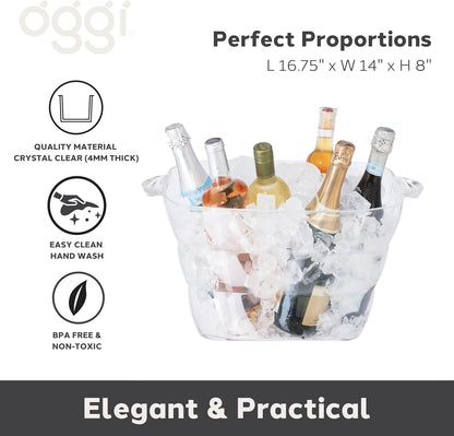OGGI Acrylic Square Party Tub - Clear Beverage Cooler w/Handles, Wine Cooler, Beer Chiller, Ideal Party Tubs for Drinks, Use Ice Tub for Indoor or Outdoor Bars, 16.75" x 14"
