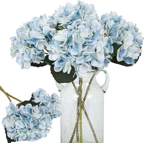 Kisflower Blue Hydrangea Flowers - 6pcs Faux Silk Hydrangeas for Home & Wedding Decor