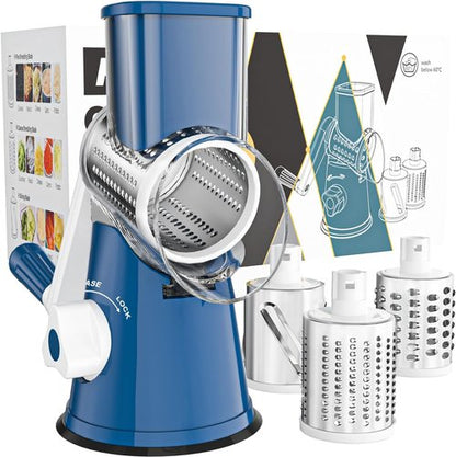 Cambom Rotary Cheese Grater - Hand Crank Shredder for Fresh Cheese & Vegetables | Non-Slip Base, Deep Blue