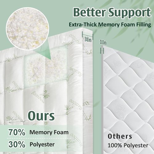 DOWNCOOL 3 Inch Queen Mattress Topper - Cooling Memory Foam for Back Pain Relief | Breathable Bamboo Viscose, Deep Pocket Fit 8-21 Inch