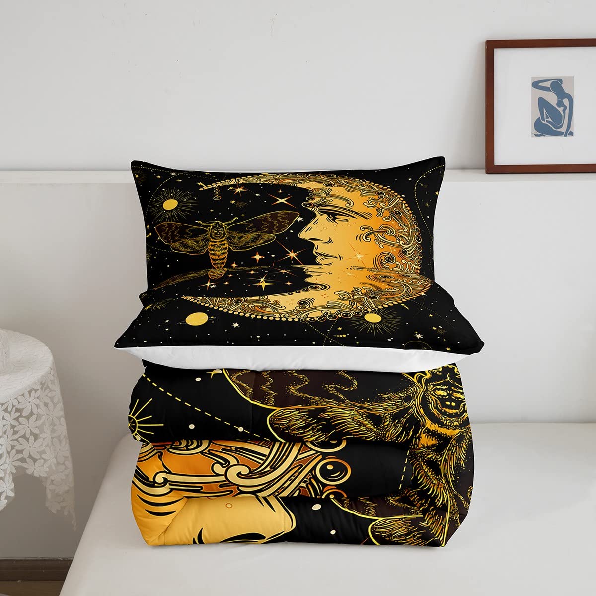 Erosebridal Boho Moth Bedding Set Full Black Yellow Sun and Moon Comforter Set,Gothic Moth Skull Quilt Duvet,Galaxy Starry Sky Down Comforter Tribal Paisley Decor Duvet Sets for Kids Boys Room Decor