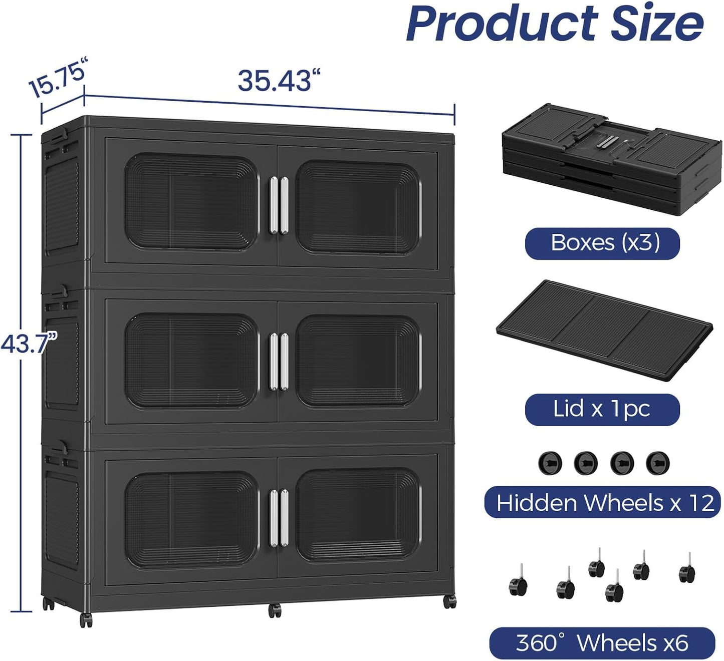 Skiennix 150 Gallon Extra Large Stackable Storage Bins - Collapsible with Lid & Wheels | 3-Pack Black