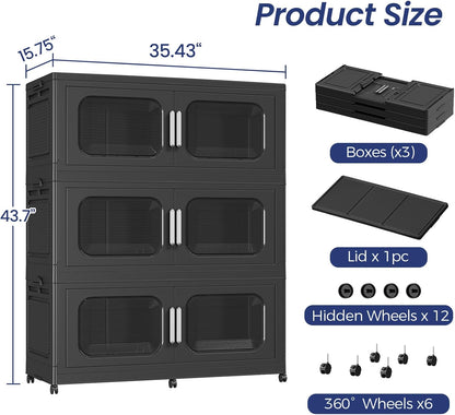 Skiennix 150 Gallon Extra Large Stackable Storage Bins - Collapsible with Lid & Wheels | 3-Pack Black