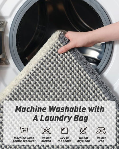 Upgraded Waffle Bath Mat, Super Absorbent Non Slip Bath Mats for Bathroom Floor, Machine Washable Bathroom Rugs with Tassels, Rubber Backed Bathroom Mats, Ultra Soft, 17" x 24",DarkGrey & Cream