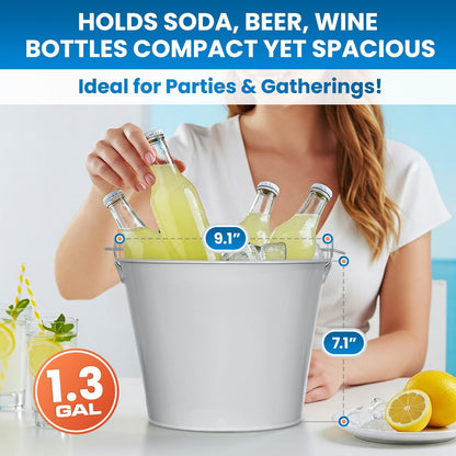 PLEXON Ice Bucket for Parties Coctail Bar Restaurant - Drink Beer Champagne Metal Pail Bucket with Handle, Beverage Chiller, 1.3 Gallon, Galvanized Steel, Gray, Set of 2