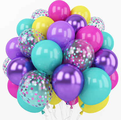 Skiennix 12-Inch Hot Pink, Purple & Teal Balloons - 60 Pcs Metallic Confetti for Kids' Birthday & Baby Shower Party Decor