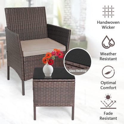 Skiennix 3-Piece Outdoor Wicker Bistro Set - Stylish Patio Furniture with 2 Cushioned Chairs & Coffee Table