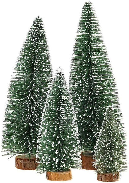 Skiennix Mini Christmas Tree - Small Pine Tree with Wooden Base for Holiday Table Decor | Green (4pcs)