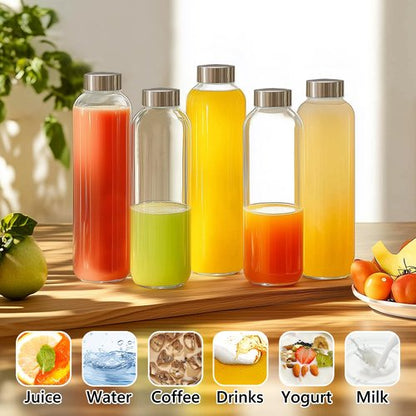 KEYWING 12Packs Glass Juice Bottles with Lids, 18oz Clear Juicing Bottle with Reusable Glass, Leak Proof Water Bottles with Airtight Stainless Steel Cap for Juice, Coffee, Beverage, Smoothies, Tea
