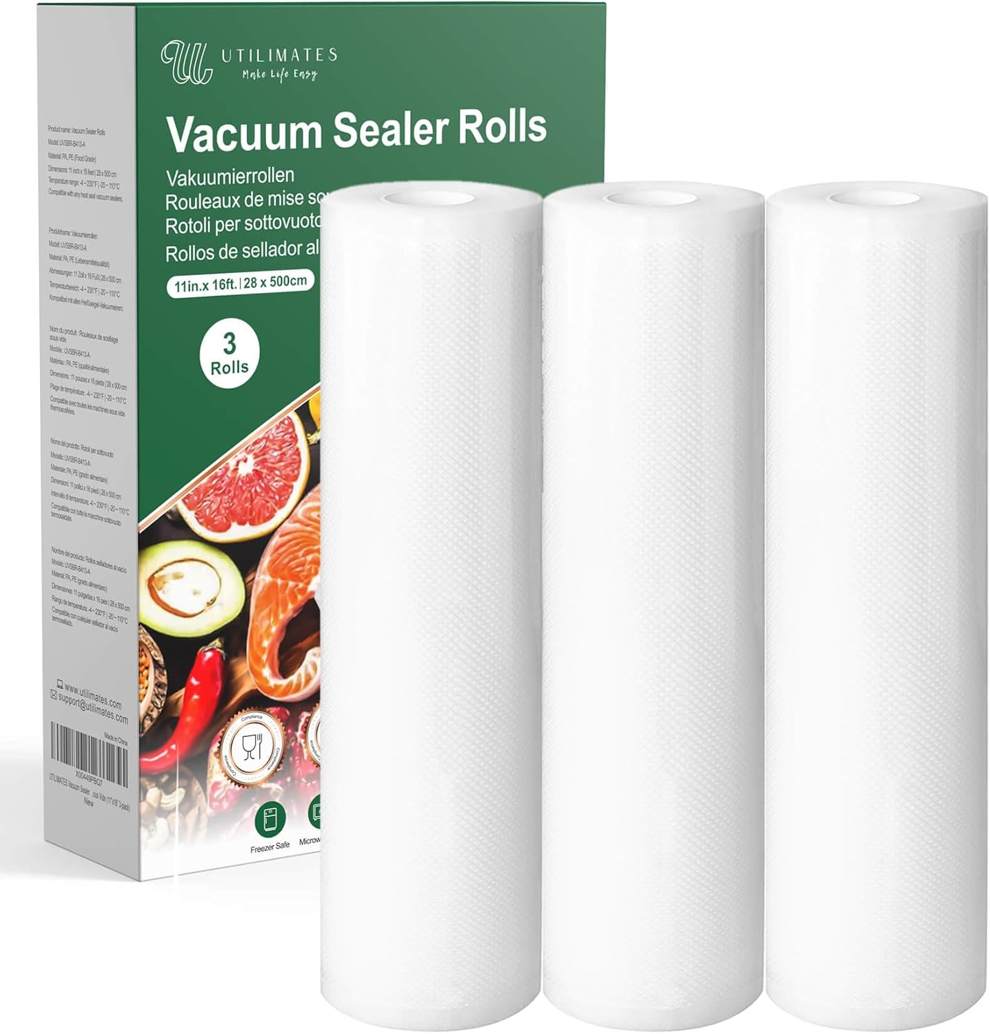 Skiennix Vacuum Sealer Bags - BPA-Free Heavy Duty Rolls | 11 Inch x 16 Feet, 3-Pack for Food Preservation