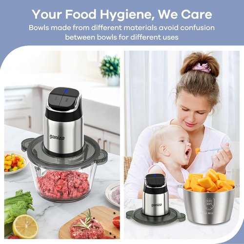 Ganiza Food Processor - 2-Speed Meat Grinder with 8-Cup Stainless Steel & Glass Bowls | Smart Overheat Protection