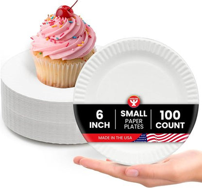 Hygloss 6-Inch Small Paper Plates - Eco-Friendly Disposable Dessert Plates for Parties & Crafts | 100 Count, White