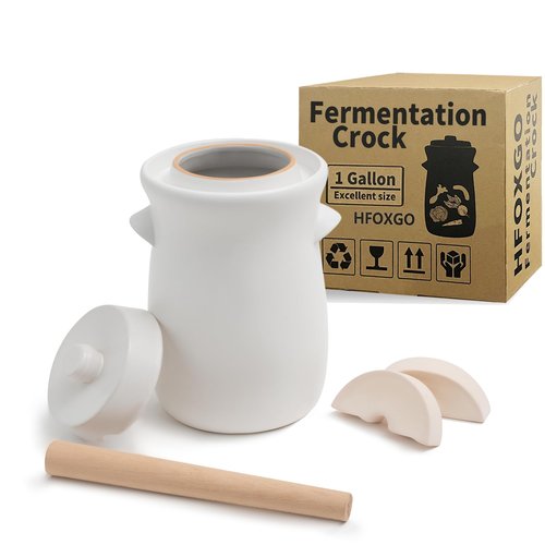 Fermentation Crock 3.8Liter/1 Gallon Stoneware Pot for Fermenting, Pickling Kimchi, Pickles, Vegetables, Kombucha - Glazed Fermenter with Stone Weights, Lid & Pickle Tamper-White Crock