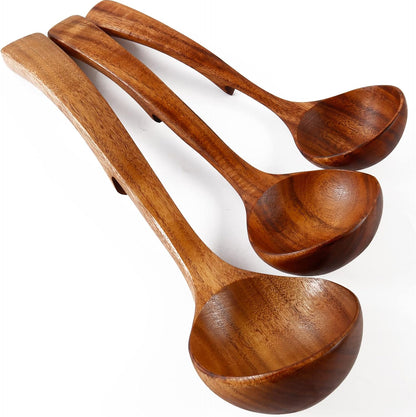 Skiennix Wooden Ladle - Natural Teak Cooking Spoon Set | Non-Stick, 3 Sizes for Soup & More