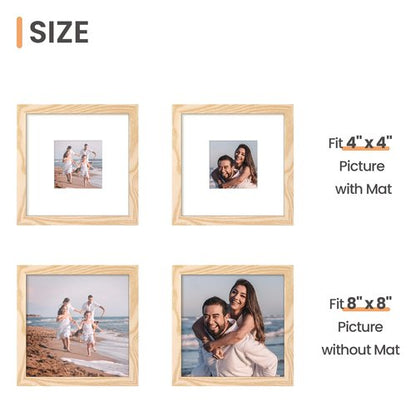 upsimples 8x8 Picture Frame, Display Pictures 4x4 with Mat or 8 x 8 Without, Wall Hanging Photo Frames, Natural, 1 Pack