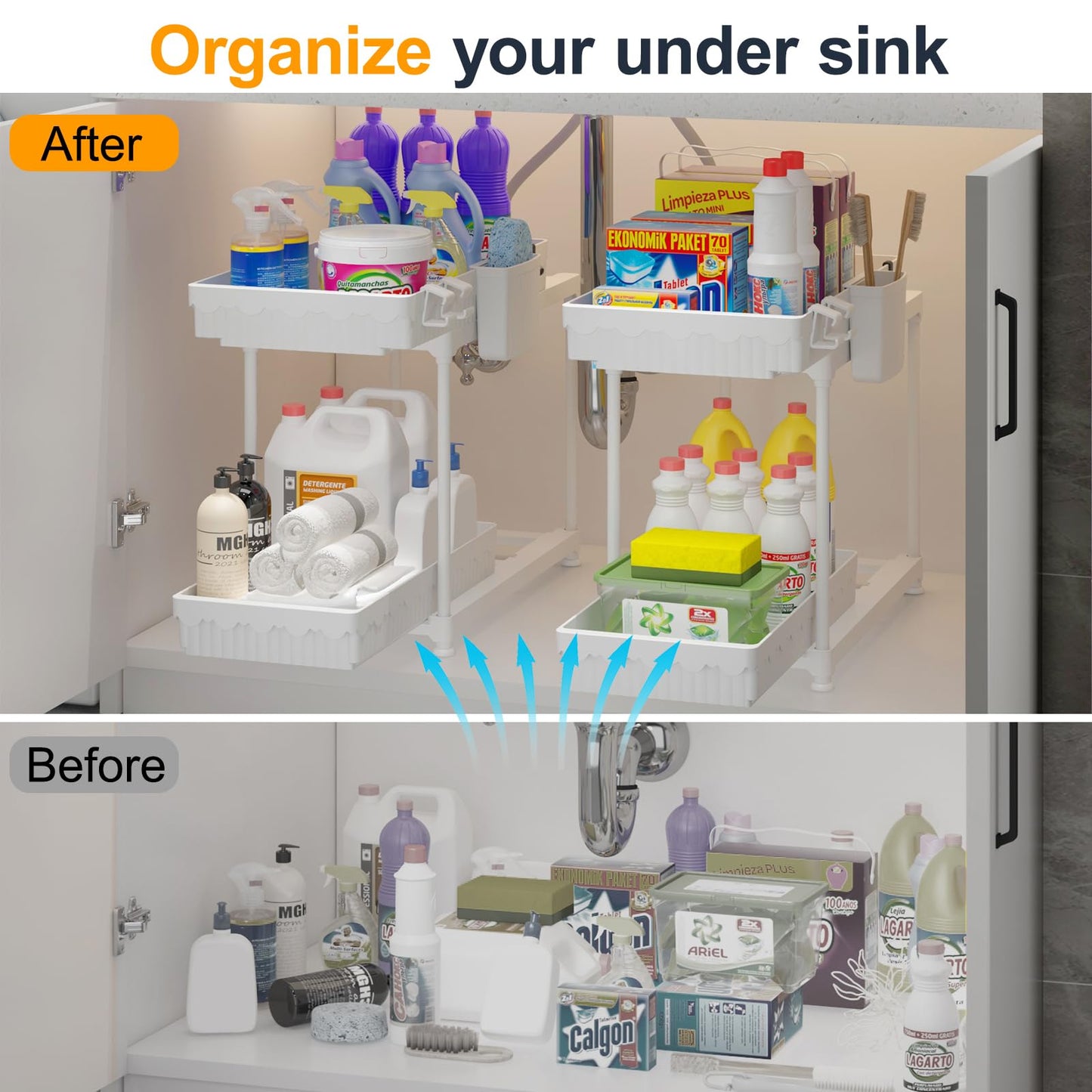 Sevenblue 2 Pack Double Sliding Under Sink Organizers and Storage, 2 Tier Under Bathroom Cabinet Shelf Organizer with Hooks Hanging Cup, Home Organization, White