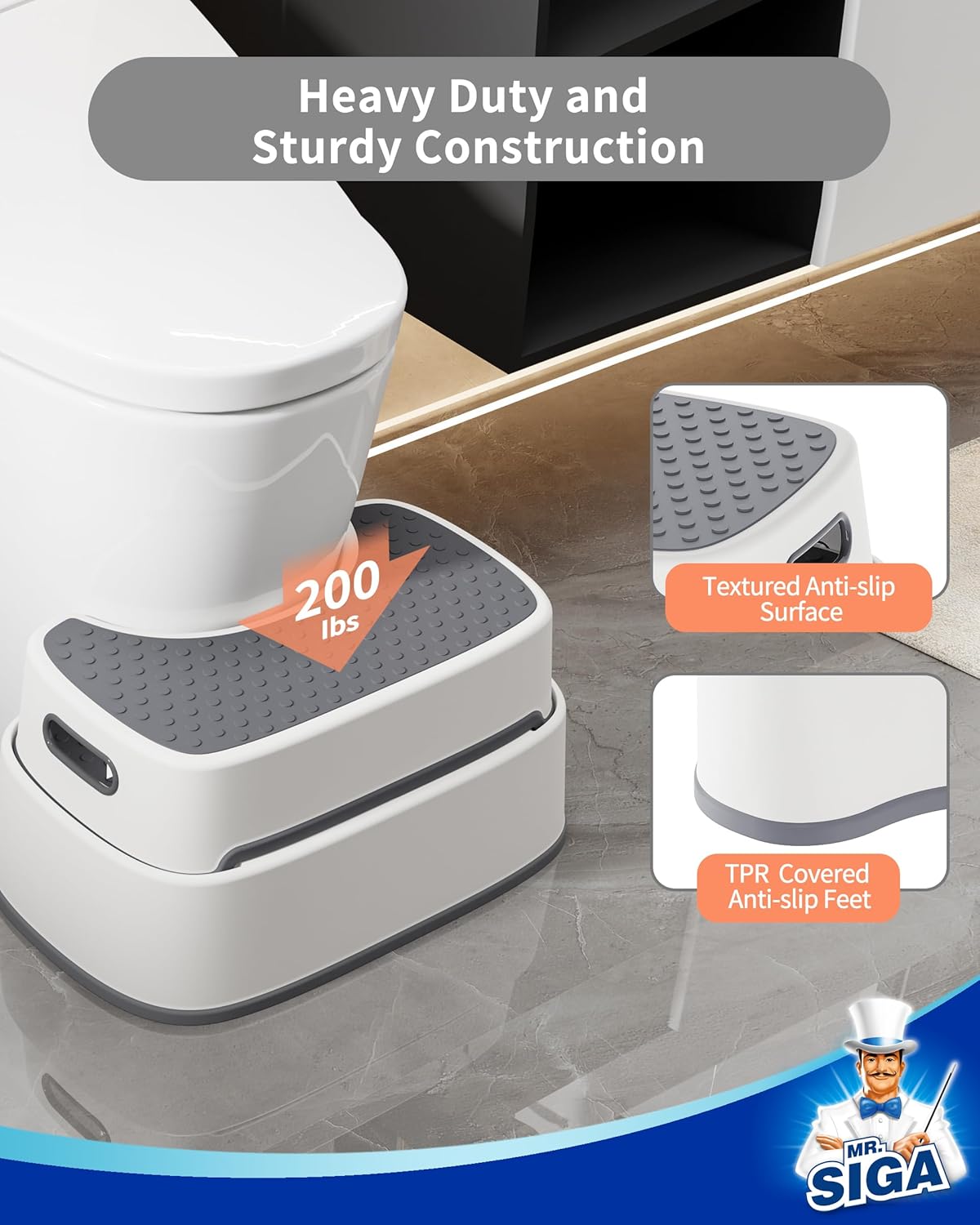 MR.SIGA Toilet Stool - Heavy Duty Squat Step for Adults & Kids | Anti-Slip Design in Off-White & Dark Gray