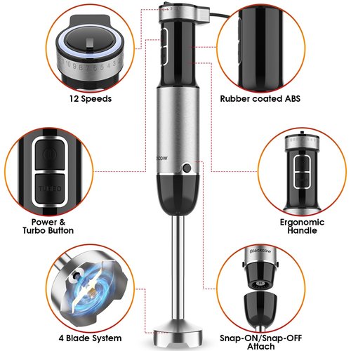 Immersion Blender Handheld for Kitchen,Emulsion Blender Handheld with Titanium Blades,12 Speed Electric Hand Mixer with BPA Free Attachments:Chopper Bowl,Whisk,Milk Frother,Measuring Cup