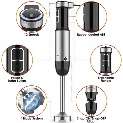 Immersion Blender Handheld for Kitchen,Emulsion Blender Handheld with Titanium Blades,12 Speed Electric Hand Mixer with BPA Free Attachments:Chopper Bowl,Whisk,Milk Frother,Measuring Cup