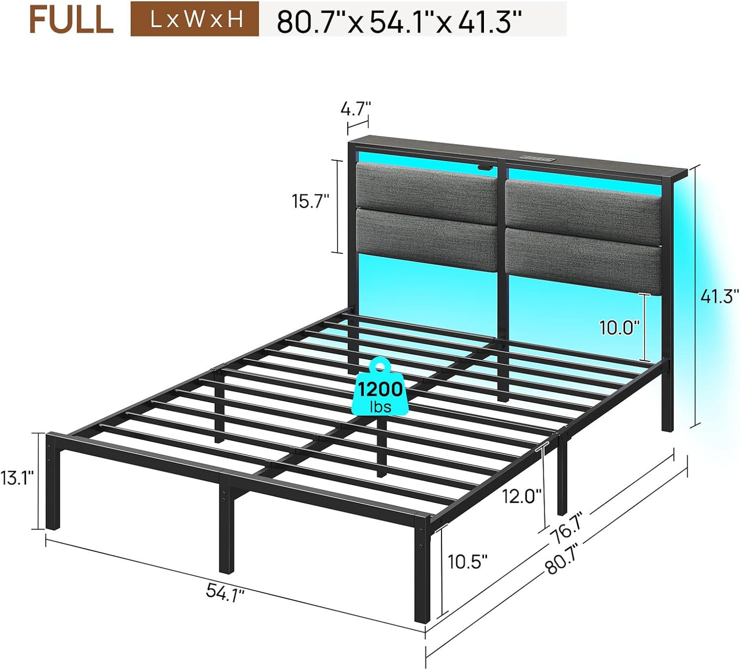 Rolanstar Full Size Bed Frame - LED Upholstered Storage Headboard with Charging Station | Grey