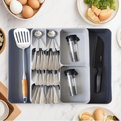 Skiennix Expandable Silverware Organizer - Adjustable Cutlery Drawer Tray for Home & Kitchen | Large Grey