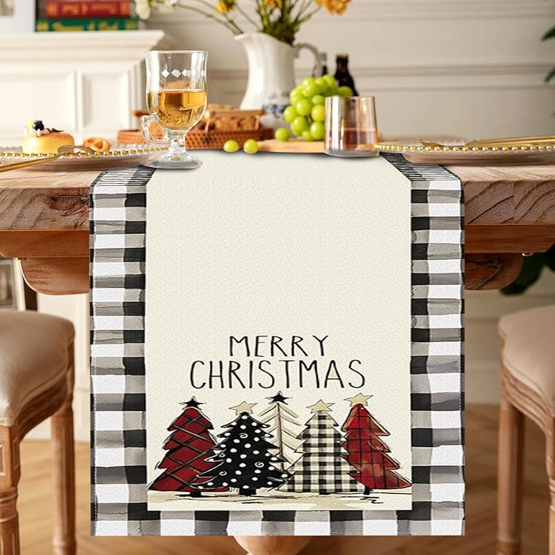 Red & White Christmas Table Runner 13x48 in - Buffalo Check Holiday Decor, 48in