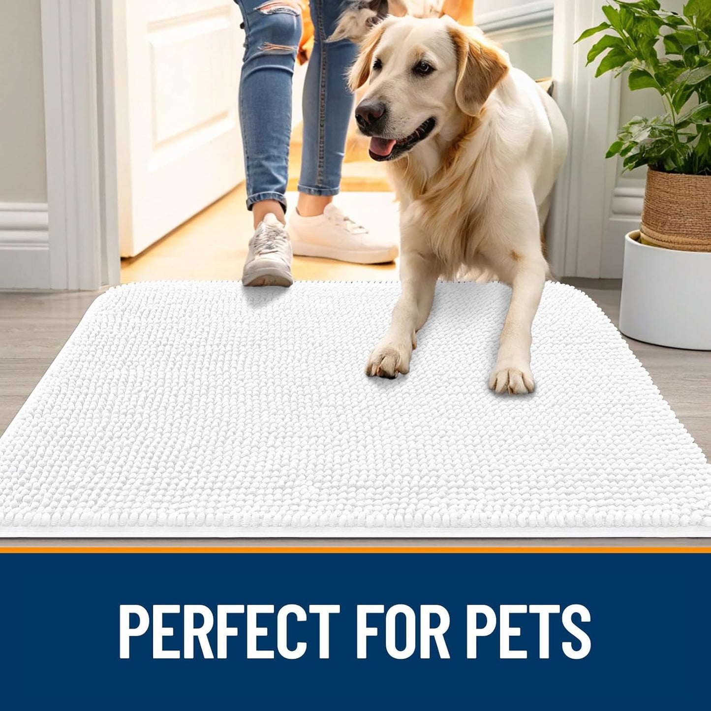 OLANLY Dog Door Mat - Absorbent Non-Slip Chenille Mat for Muddy Paws | 48x30 Inches, Quick Dry, White
