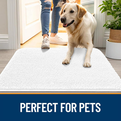 OLANLY Dog Door Mat - Absorbent Non-Slip Washable Doormat for Muddy Paws | 44x24 Inches, Quick Dry Chenille, White