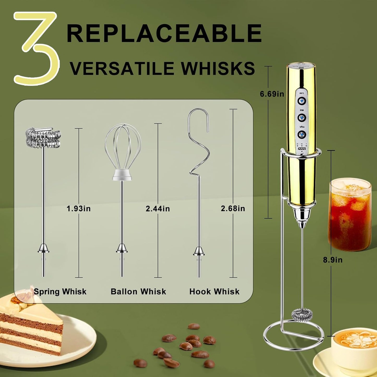 YUSWKO Handheld Milk Frother - Rechargeable Electric Whisk with Stand & 3 Speed Settings for Coffee, Latte, Cappuccino, Hot Chocolate