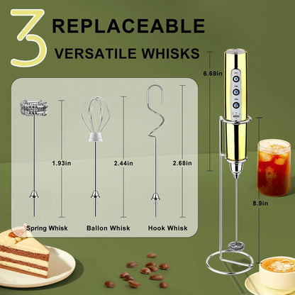 YUSWKO Handheld Milk Frother - Rechargeable Electric Whisk with Stand & 3 Speed Settings for Coffee, Latte, Cappuccino, Hot Chocolate