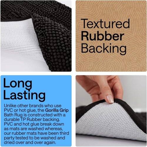 GORILLA GRIP Bath Rug Mat - Soft Absorbent Chenille | Quick-Dry Microfiber, 42x24, Black