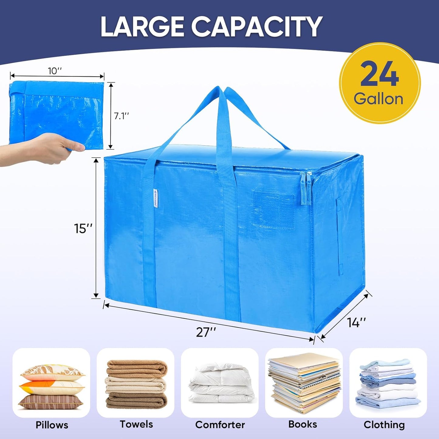 TICONN Extra Large Heavy-Duty Moving Bags - Durable Storage with Zippers & Handles | 2 Pack, Sky Blue