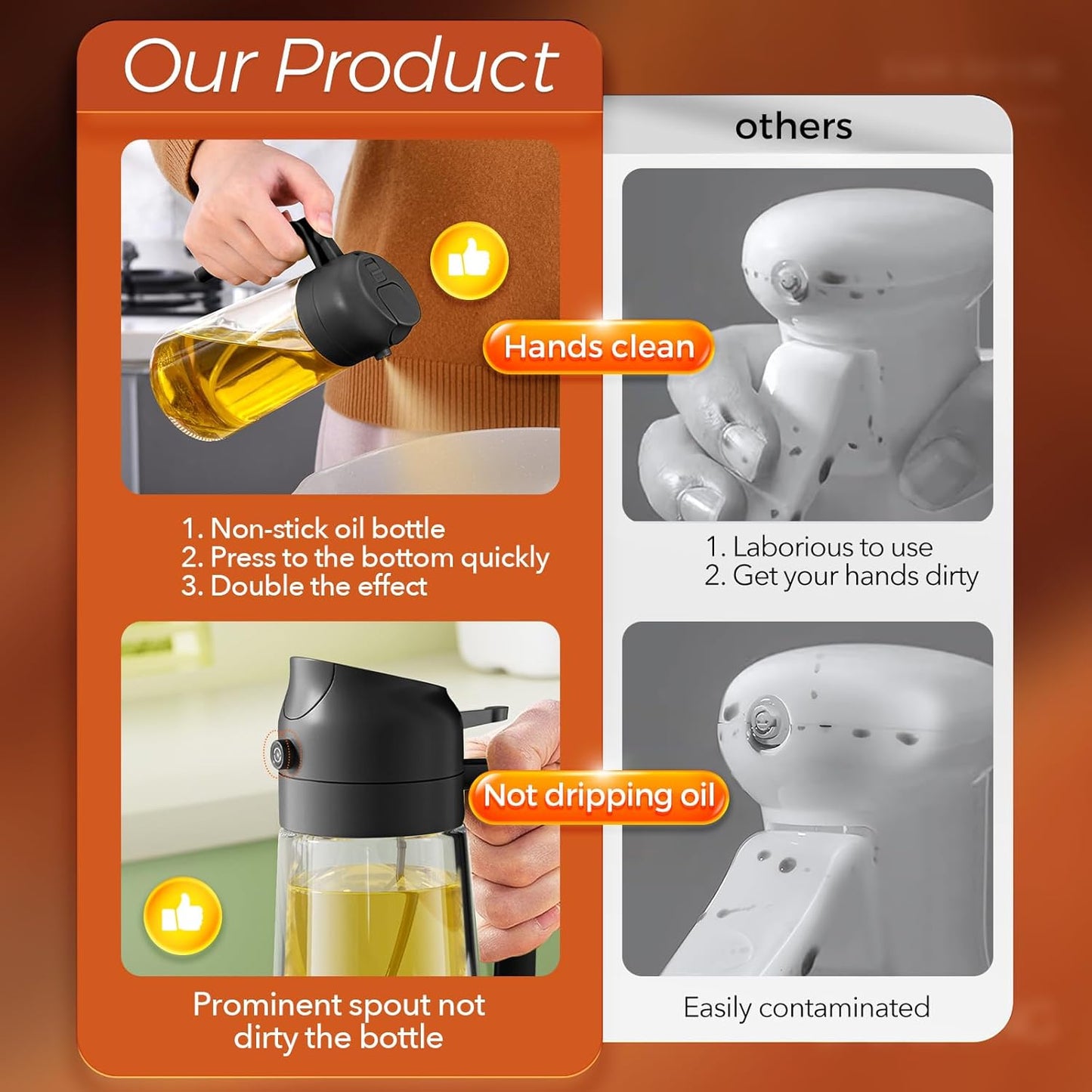 YARRAMATE Olive Oil Dispenser - Food-Grade 2-in-1 Glass Sprayer for Cooking | 16oz/470ml (Black)