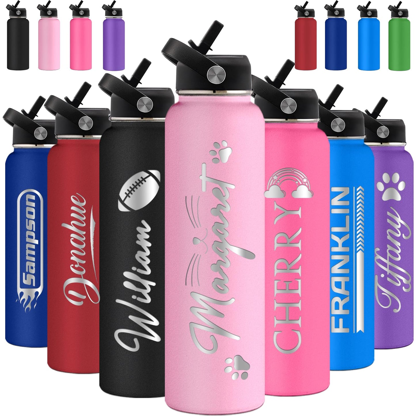 Personalized Water Bottles with Straw Lid Custom Water Bottle 24oz Customize Engraved Name Stainless Steel Insulated Sport Bottles for School Gym Boys Women Men