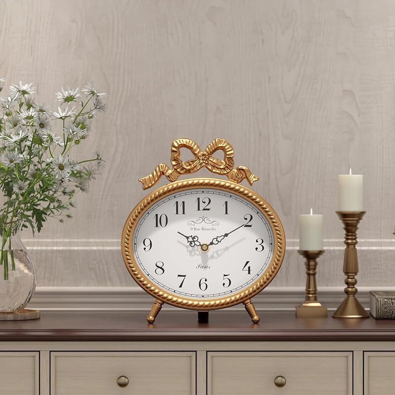 Vintage Table Clock with Bow - Gold Boho French Style, 9.45" H x 8.3" W, 2.16" D (Variation: Gold)