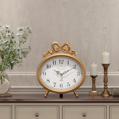 Vintage Table Clock with Bow - Gold Boho French Style, 9.45" H x 8.3" W, 2.16" D (Variation: Gold)